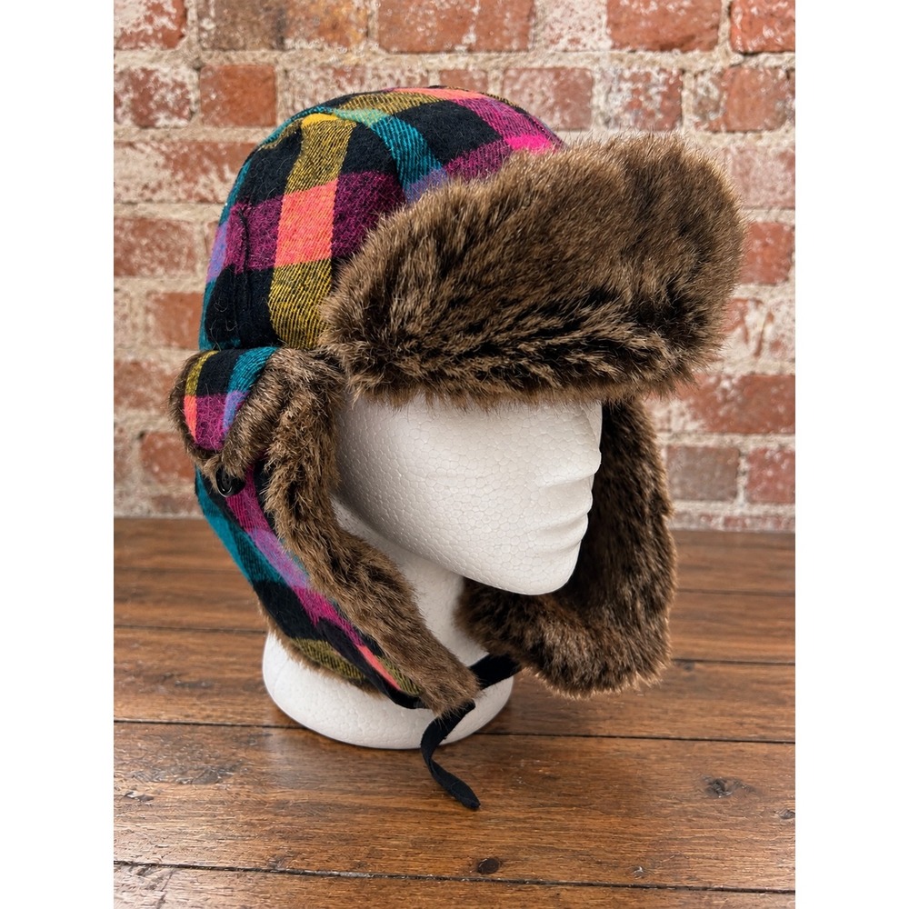 Y2K Plaid Trapper Hat Faux Fur Winter Bomber Cap 2000s Gorpcore Cabin Apres Ski